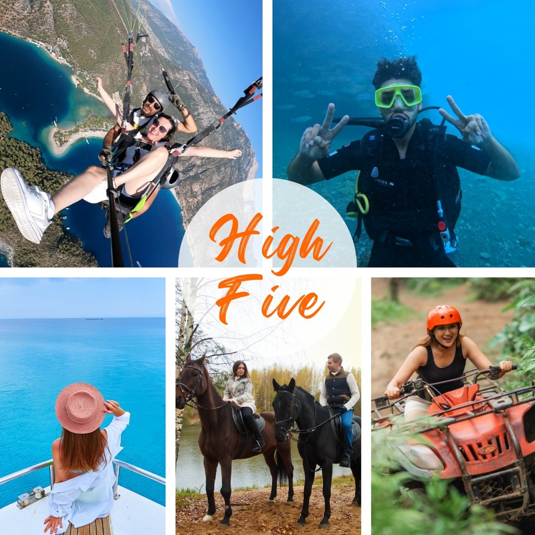 High Five Paketi ile yamaç paraşütü, tüplü dalış, tekne turu, at safari ve atv safari yapan insanlar