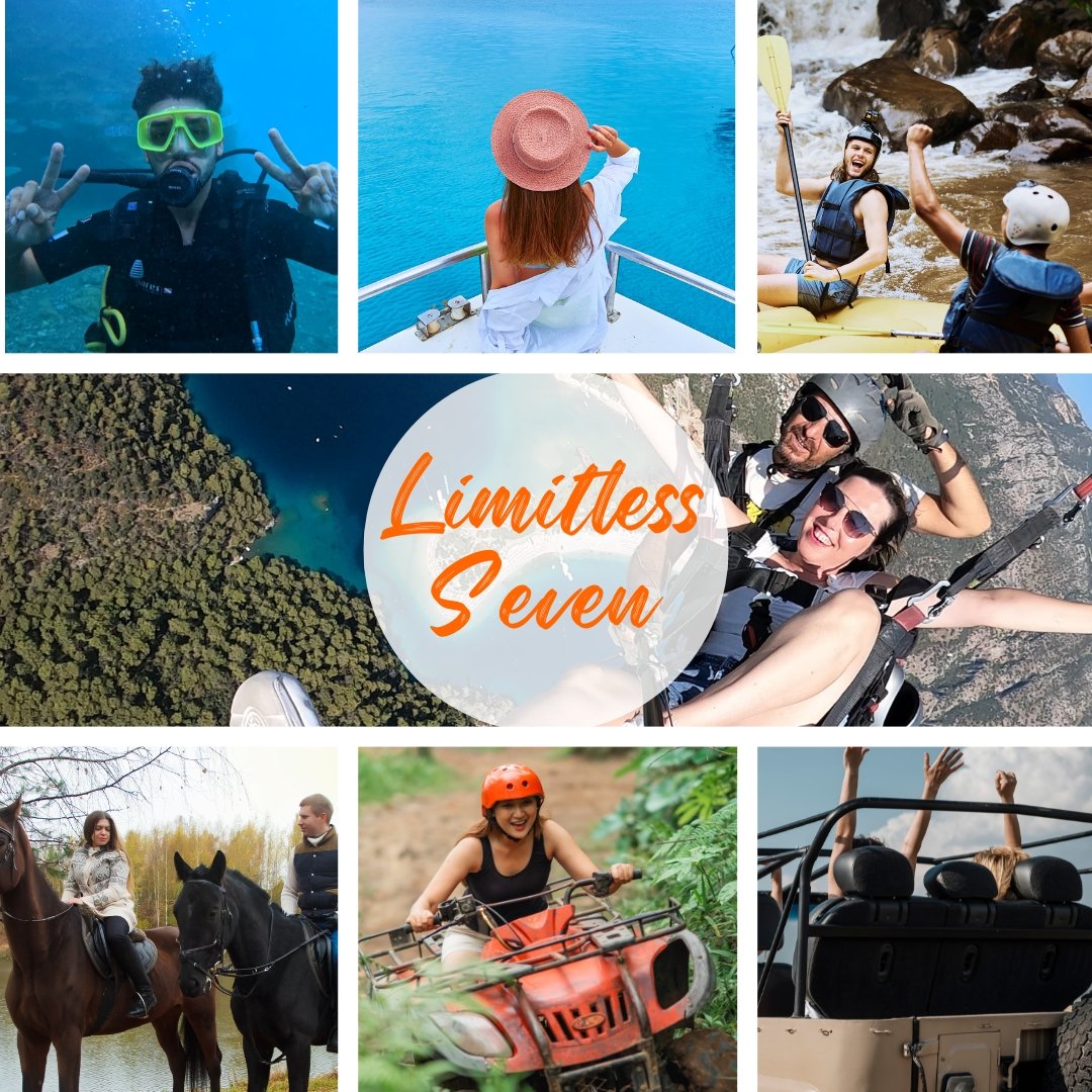 Limitless Seven Paketi ile yamaç paraşütü, tüplü dalış, tekne turu, at safari, atv safari, fethiye safari ve rafting yapan insanlar